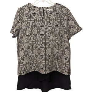 Pleione Women's Floral Lace Pattern Short Sleeve Blouse Top Black Large